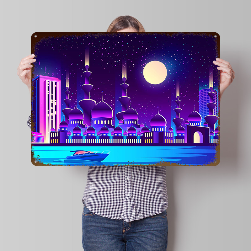 Home Office Dubai - Pôster Metálico Synthwave Neon City Dubai,