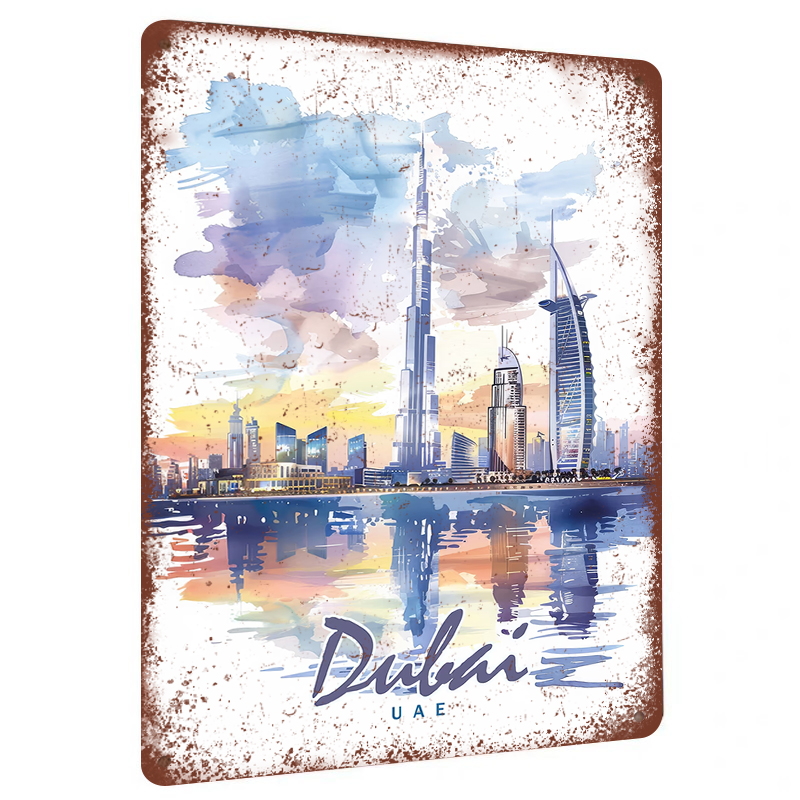 Home Office Dubai - Dubai Skyline Aquarela Metal Wall Art